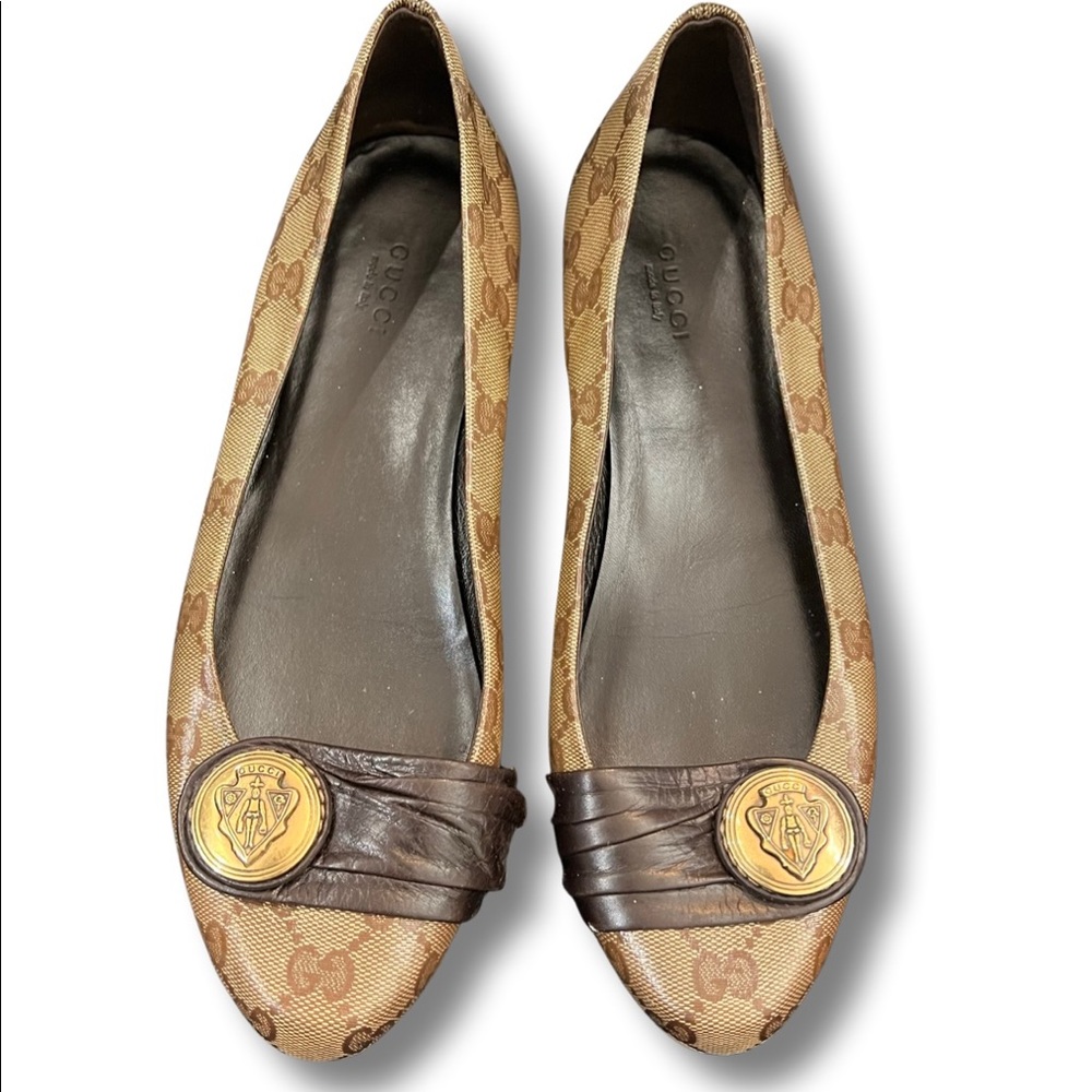 Gucci Beige GG Crystal Canvas And Leather Trim Hysteria Ballet Flats Size 38.5